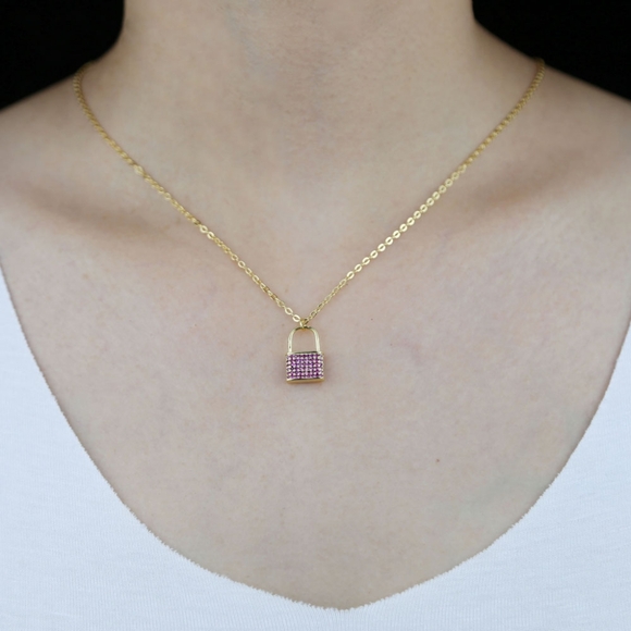 Red Gold Cubic Zirconia Lock Pendant Necklace Chain Padlock - Picture 1 of 4